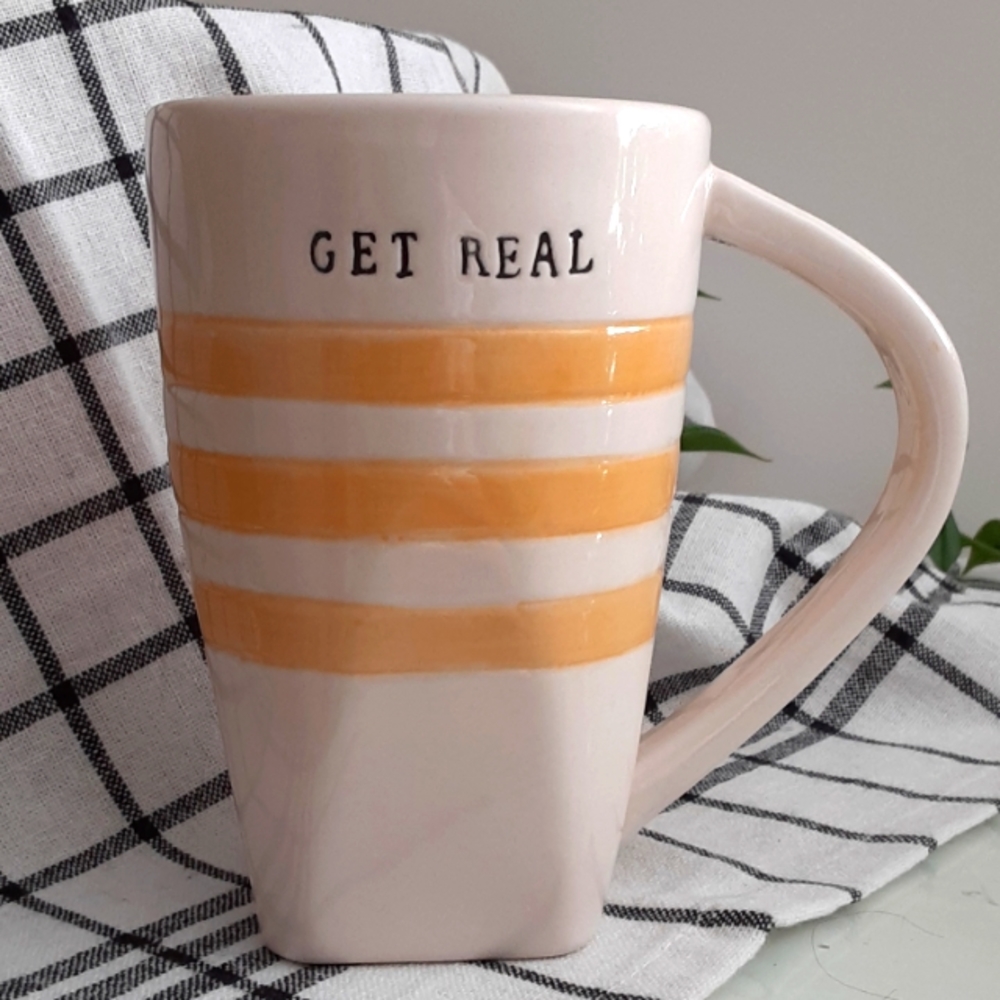 Magenta Rae Dunn GET REAL Yellow Striped Square Bottom Mug Vintage Typew…